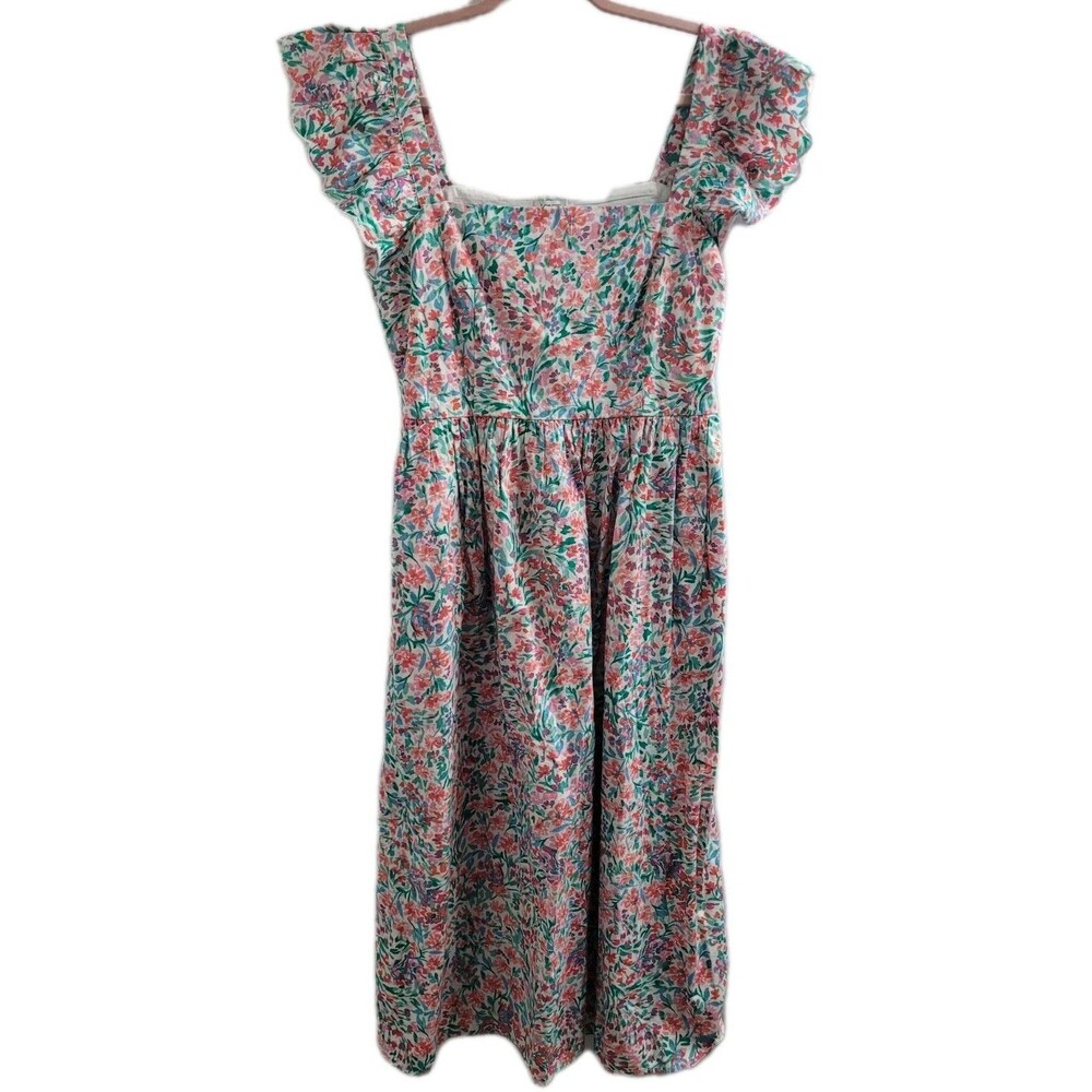NWT J.Crew Ruffle Sleeve Floral Cotton Midi Dress Pink Green Sz 10 CI215 Pockets